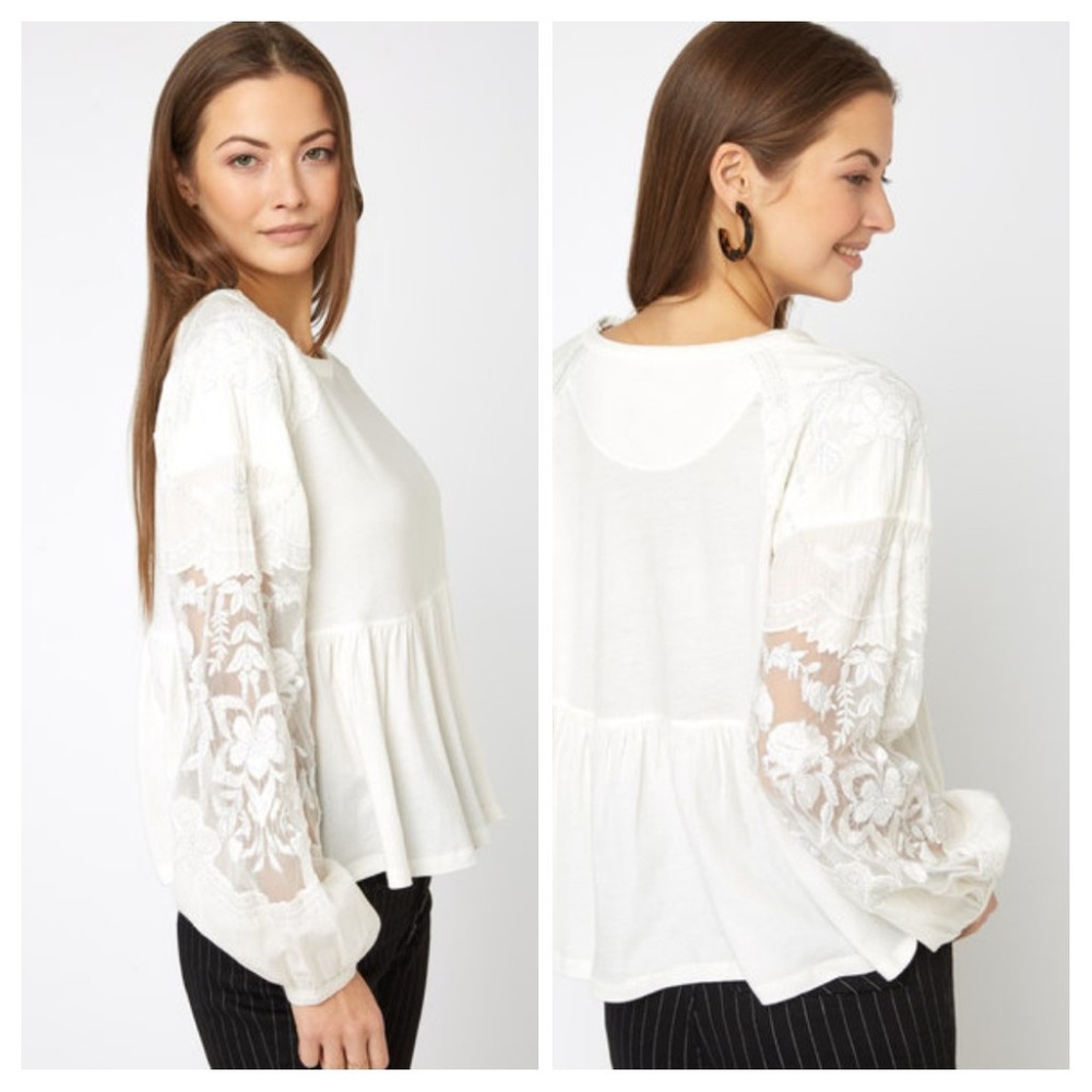 Free People Embroidered Sleeves Penny Tee